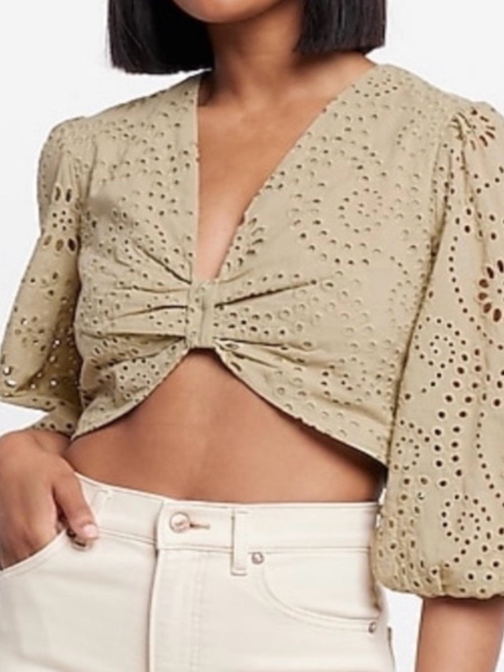 Express Beige Eyelet Tie-Front Crop Top
